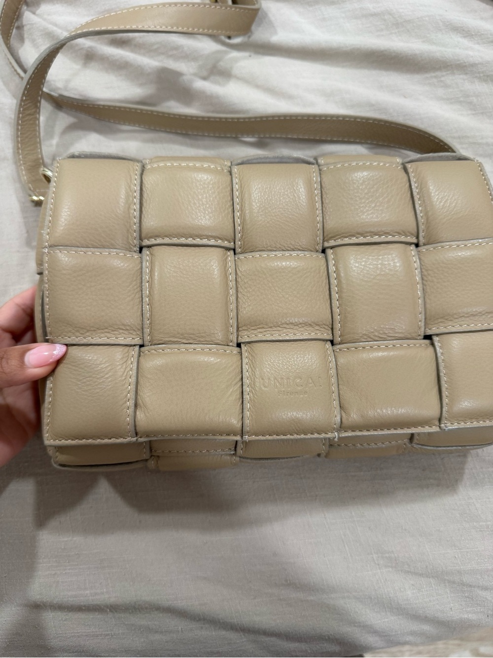 Beige Woven Leather Crossbody Bag
